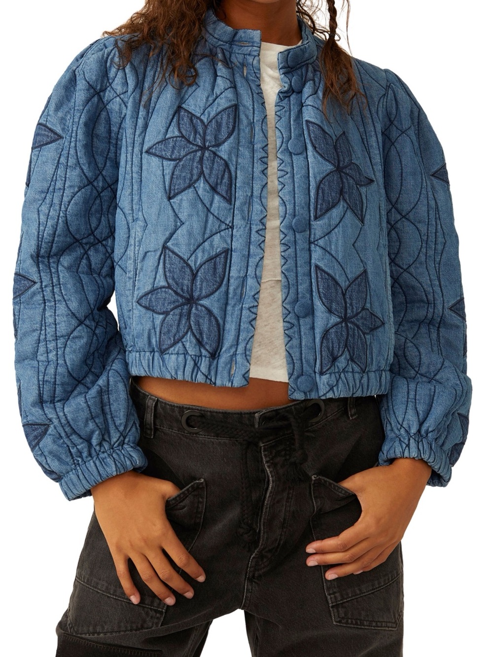 NWT Free People Indigo Embroidered Quilted Cropped Jacket XS $198